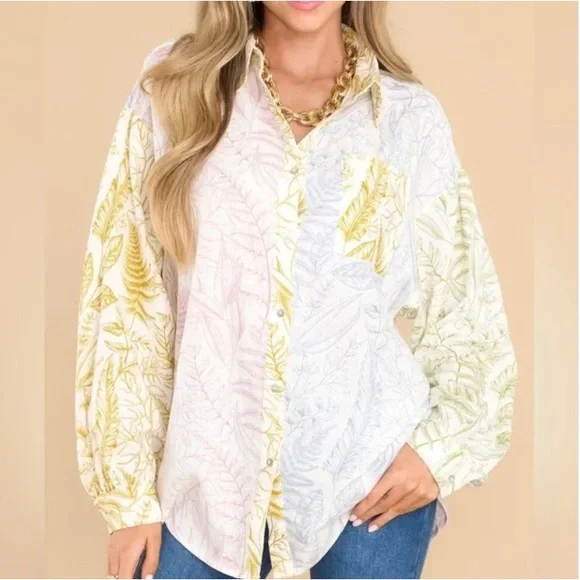 NEW Aura Linen Blend Botanical Print Long Sleeve Shirt and Matching Shorts - Picture 3 of 15